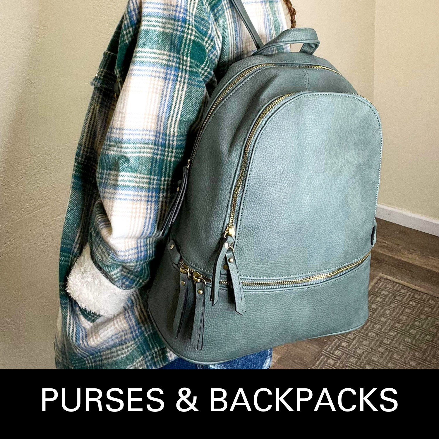 Slate Green Backpack modeled on a female