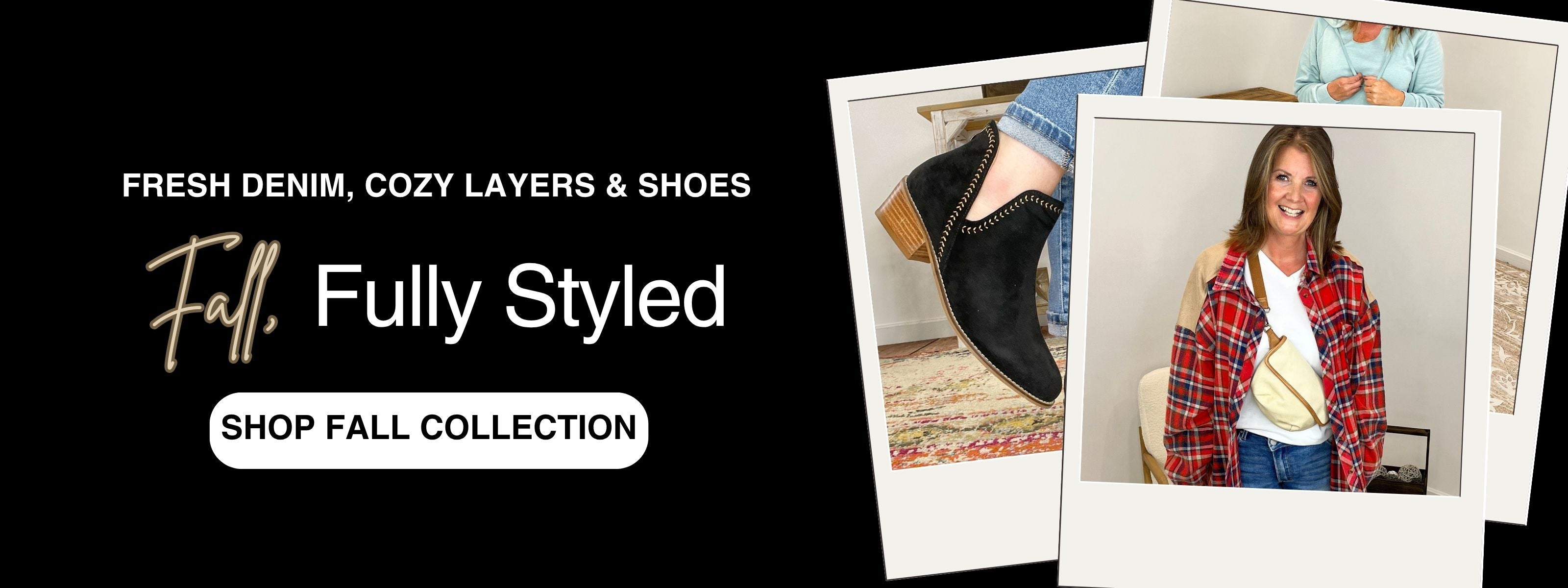 Promotional banner for a fall collection with text and images of clothing and shoes.