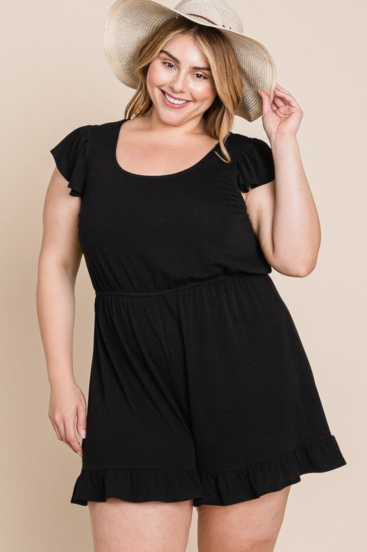Black French Terry Ruffle Sleeve Romper Lounger - Lavender Hills BeautyEmerald Collection
