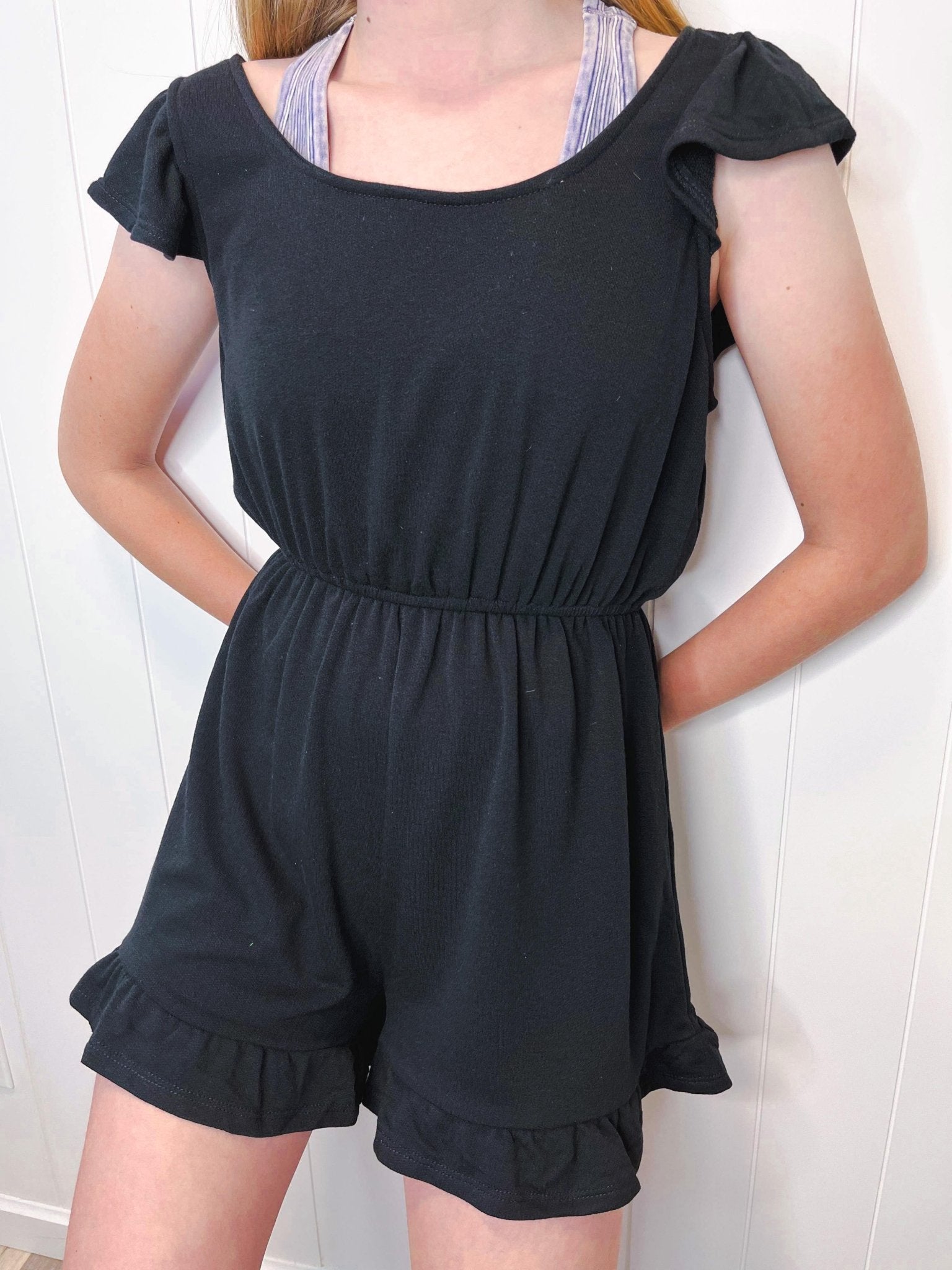 Black French Terry Ruffle Sleeve Romper Lounger - Lavender Hills BeautyEmerald Collection
