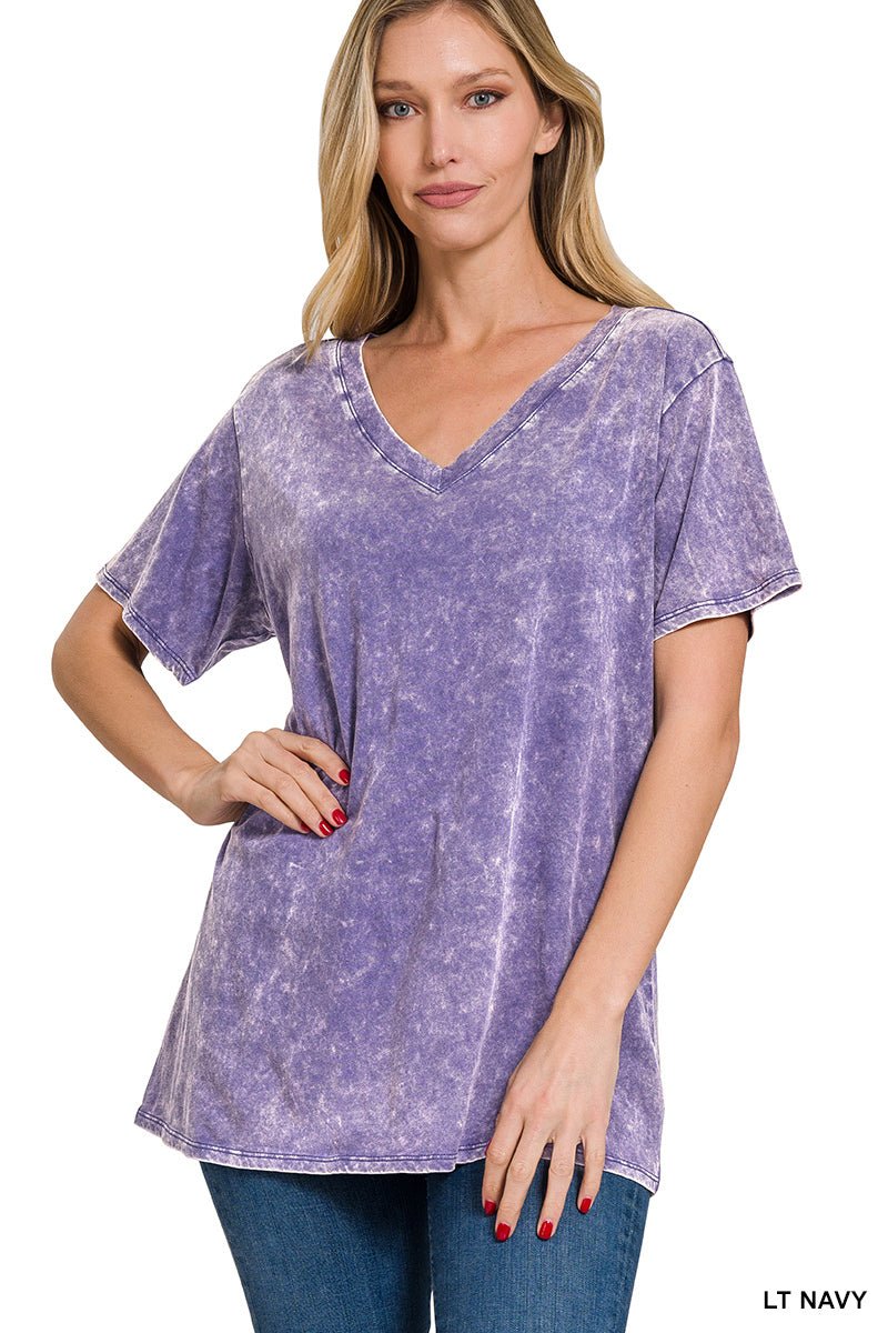 Acid Washed V-Neck T-Shirt - Purple - Lavender Hills BeautyZenana