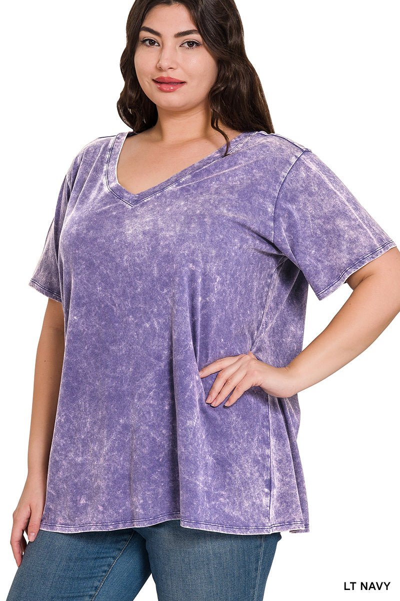 Acid Washed V-Neck T-Shirt - Purple