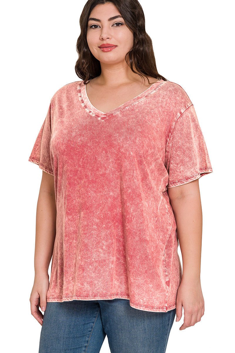 Acid Washed V-Neck Plus T-Shirt - Rose Pink - Lavender Hills BeautyZenanaCTW-3287X-ROSE