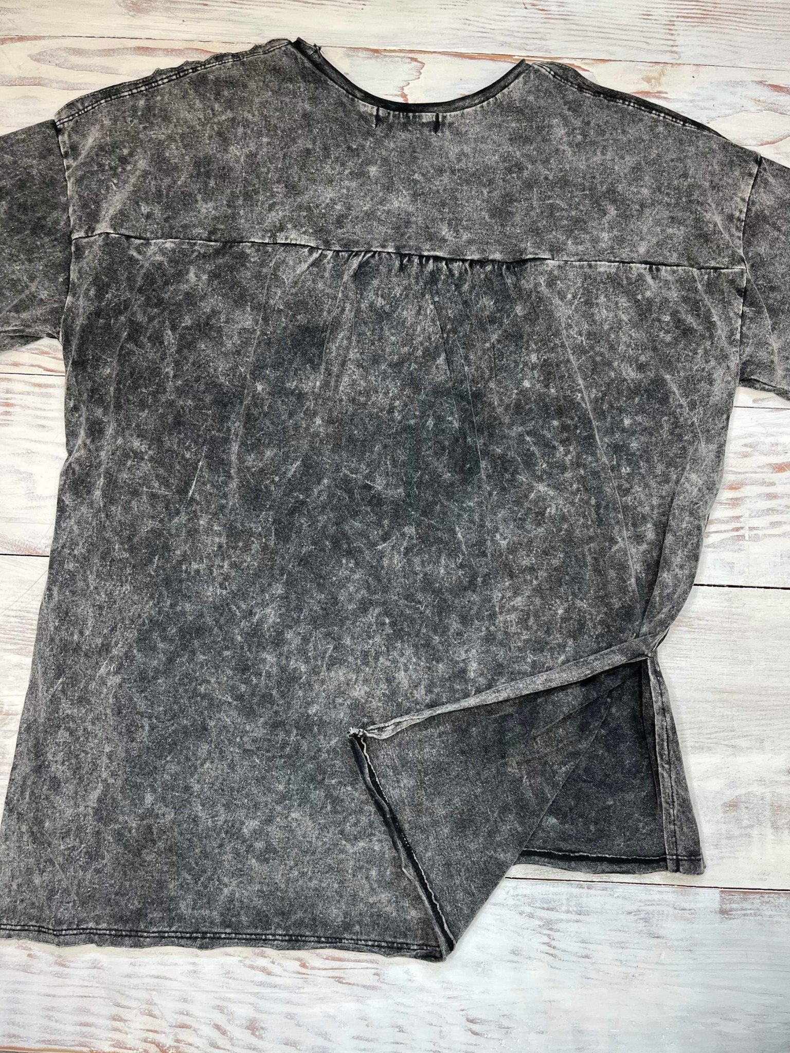 Acid Washed Shirred Back T-Shirt - Ash Black - Lavender Hills BeautyZenana
