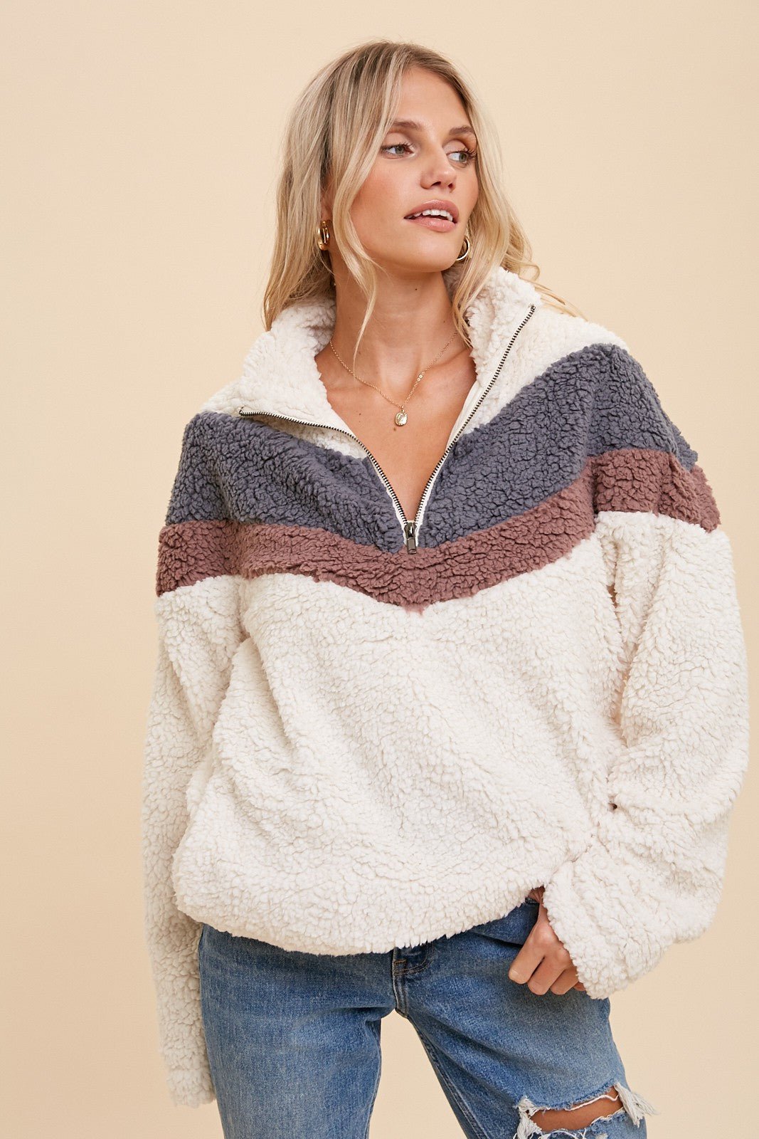 Chevron Sherpa Zip Neck Pullover Sweatshirt - Lavender Hills BeautyHem & Thread30167JC-SHERPA