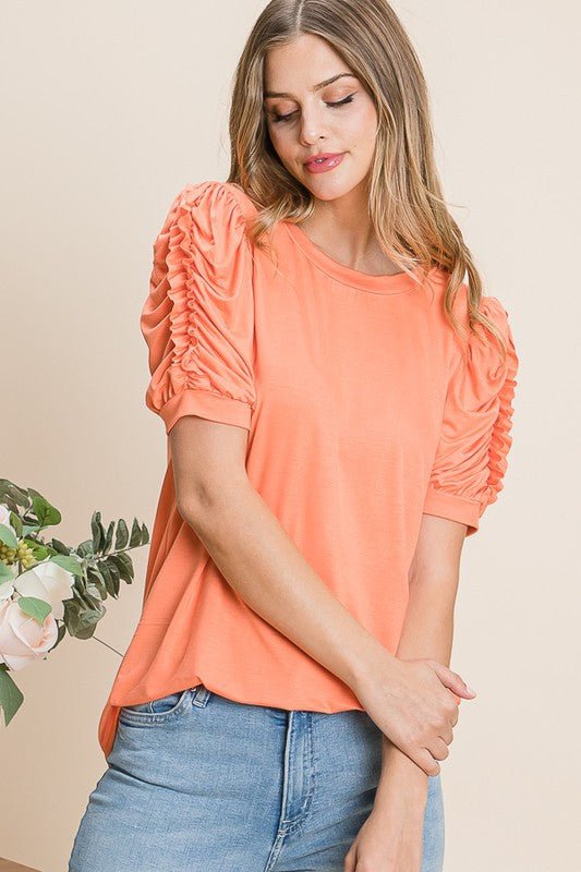 Coral Ruched Puff Sleeve Top - Lavender Hills BeautyReborn J