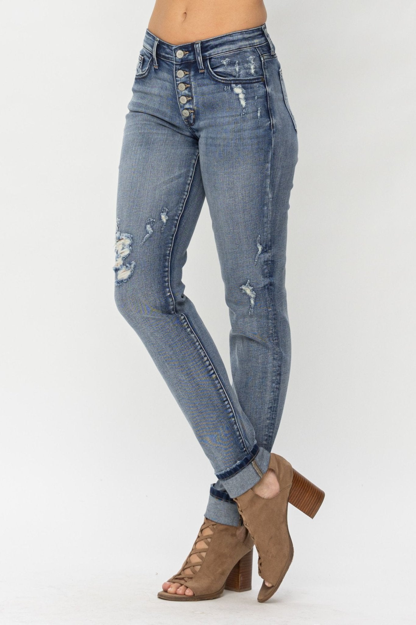 Dani - Mid Rise Button Fly Boyfriend Fit Cuffed Jeans (Tall Option) | Judy Blue | 82396 - Lavender Hills BeautyJudy Blue82396REG-DK-1(25)