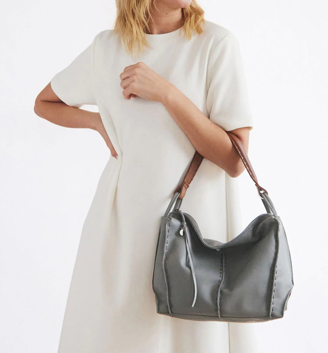 Large Grey Helen Hobo Purse - Soft Leather Bag | Laroll Bags