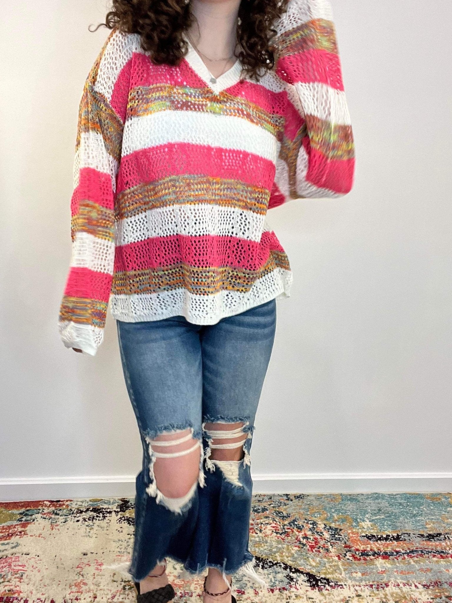 V-Neck Lightweight Summer Stripe Crochet Sweater - Lavender Hills BeautyMelloMT40077-S