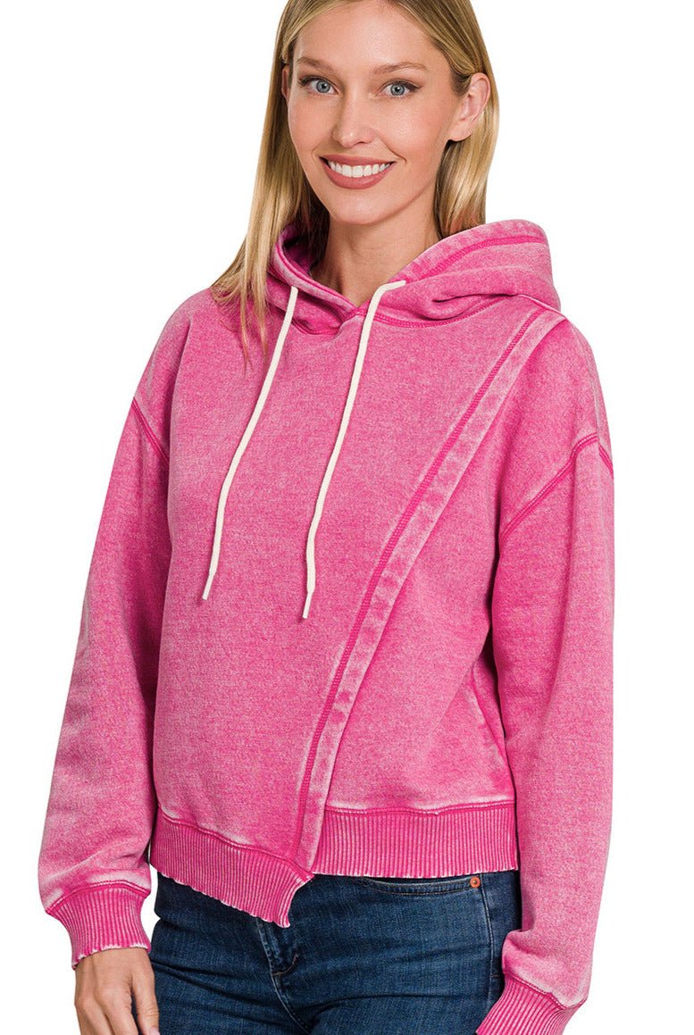 Acid Wash Asymmetrical Fleece Hoodie Pullover Sweatshirt - Hot Pink - Lavender Hills BeautyZenana