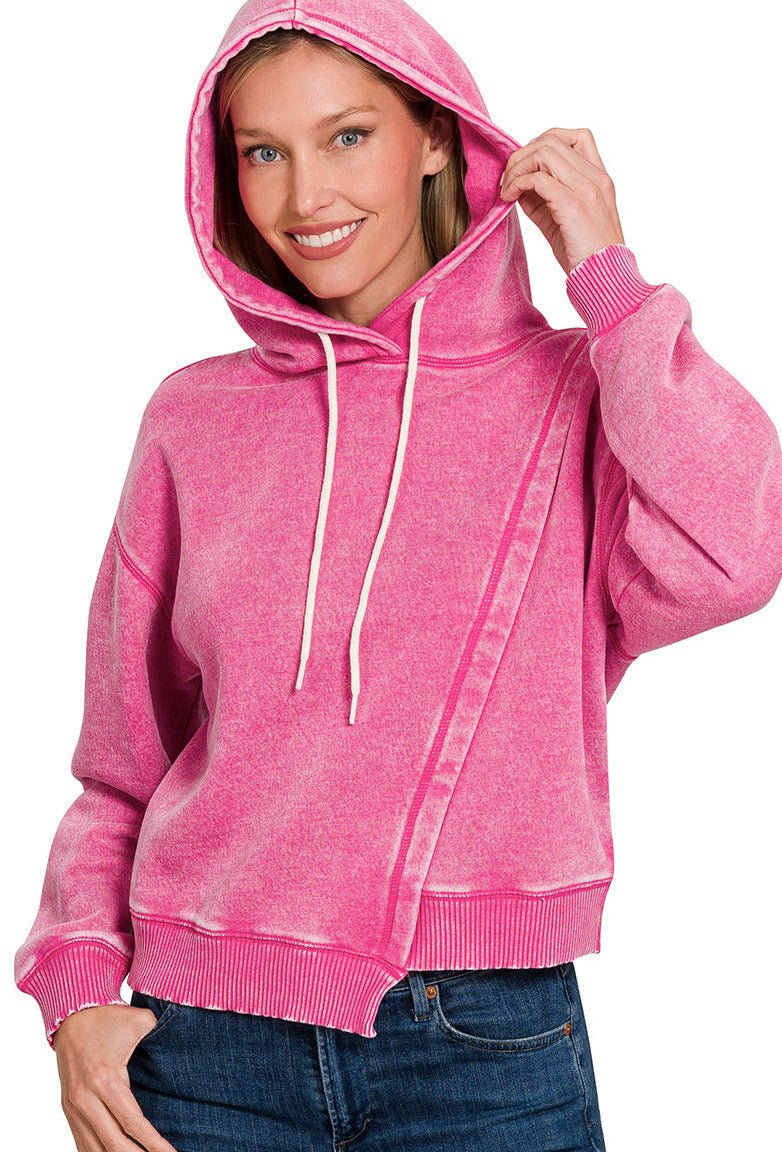 Acid Wash Asymmetrical Fleece Hoodie Pullover Sweatshirt - Hot Pink - Lavender Hills BeautyZenana