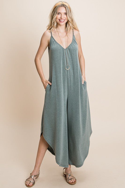 Olive Green French Terry Wide Leg Jumpsuit - Lavender Hills BeautyEmerald Collection