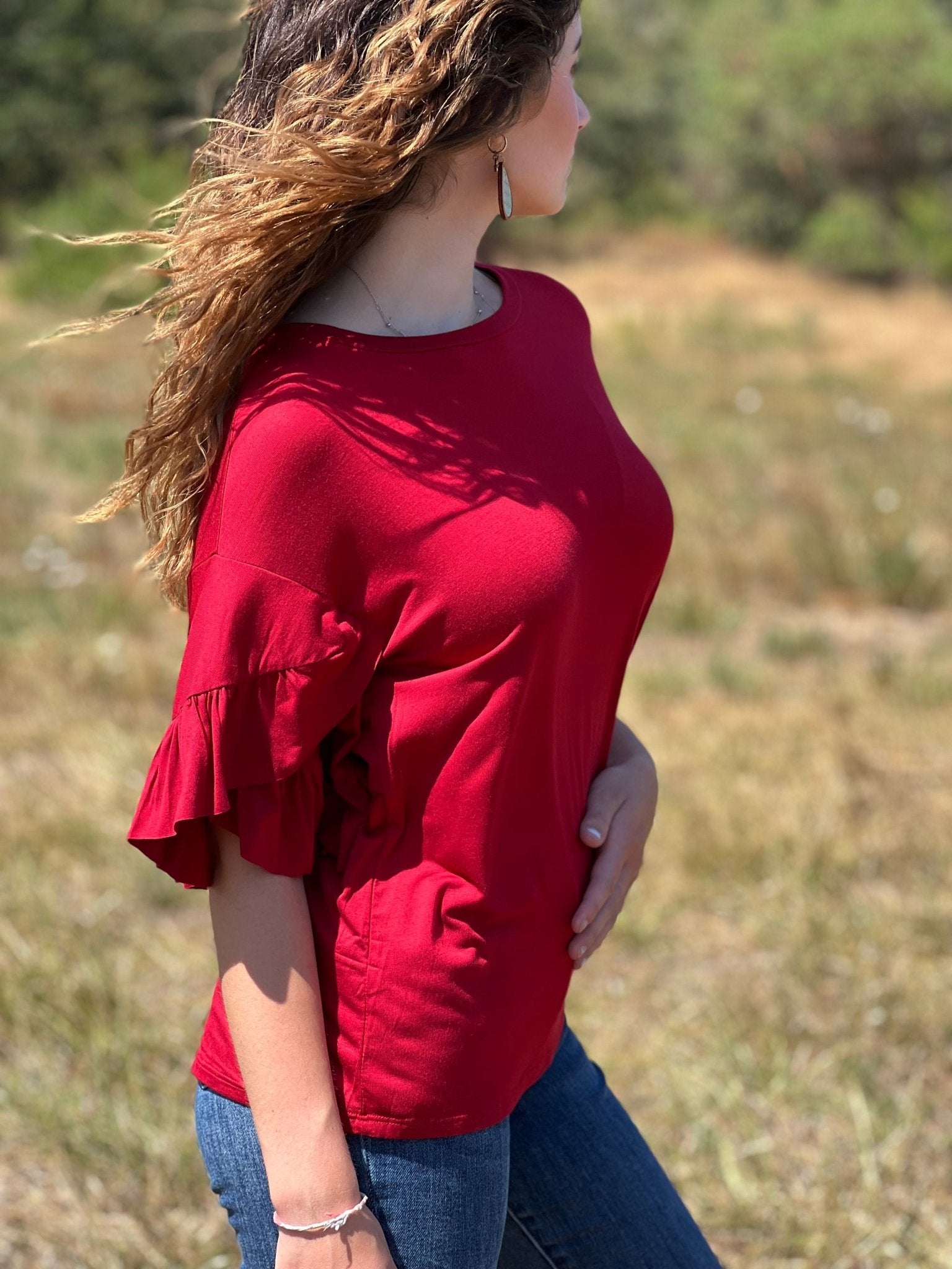 Ruffle Sleeve Top - Red - Lavender Hills BeautyeLuna