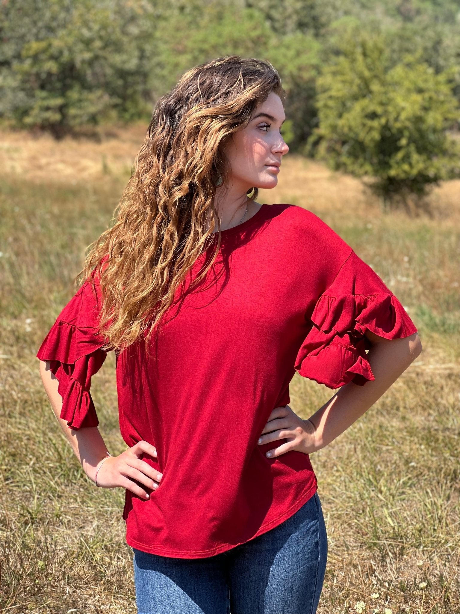 Ruffle Sleeve Top - Red - Lavender Hills BeautyeLuna