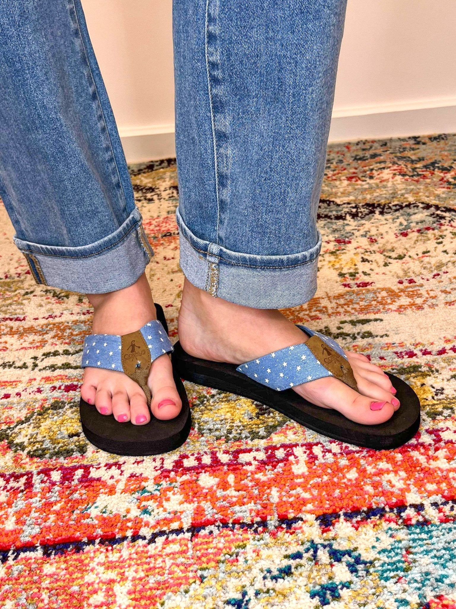 Summer Break Flip Flops - Blue Denim Stars - Lavender Hills BeautyCorkys Footwear41-0347-BDST-U-6