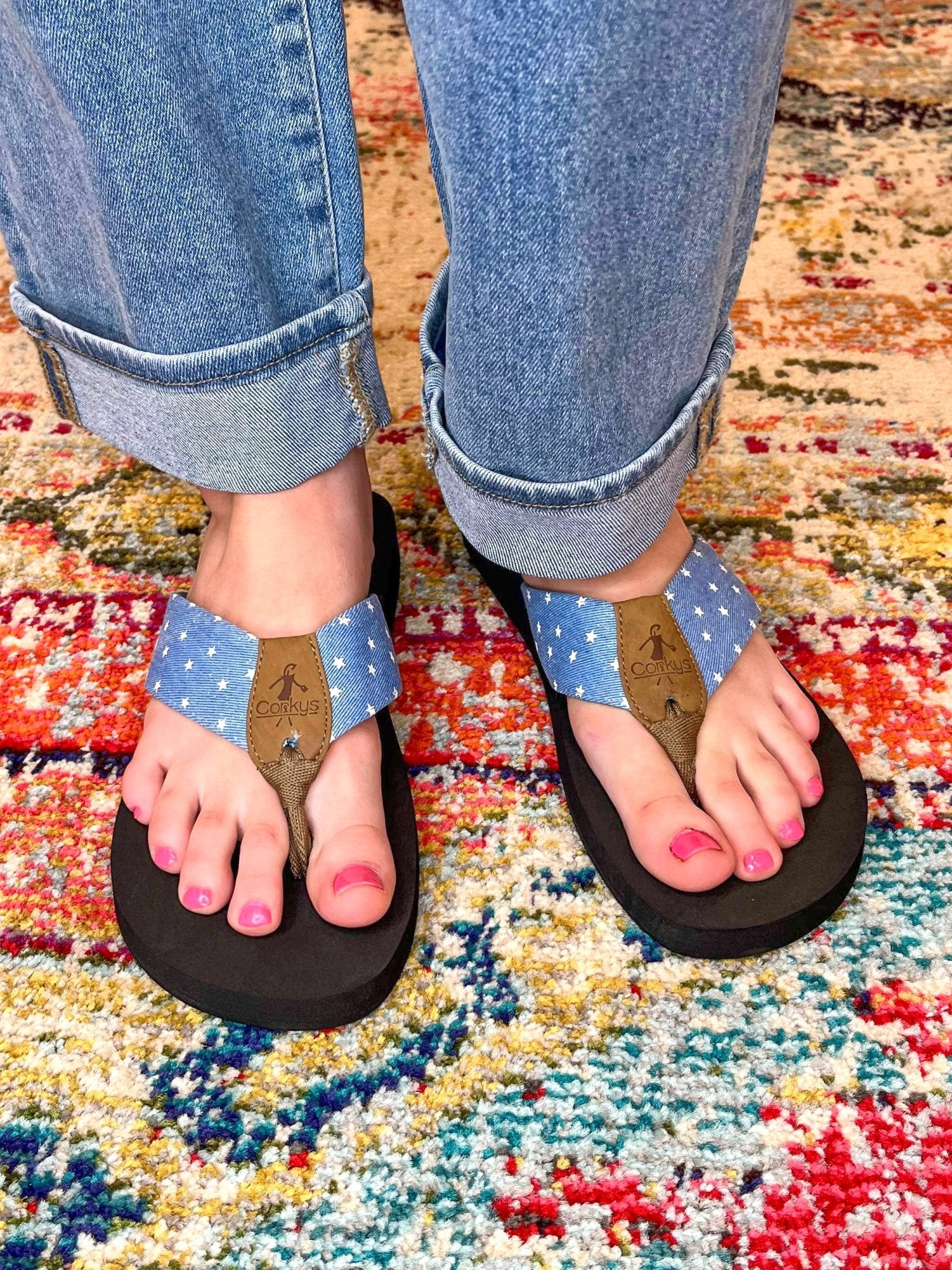 Corky s Footwear Summer Break Flip Flops Blue Denim Stars