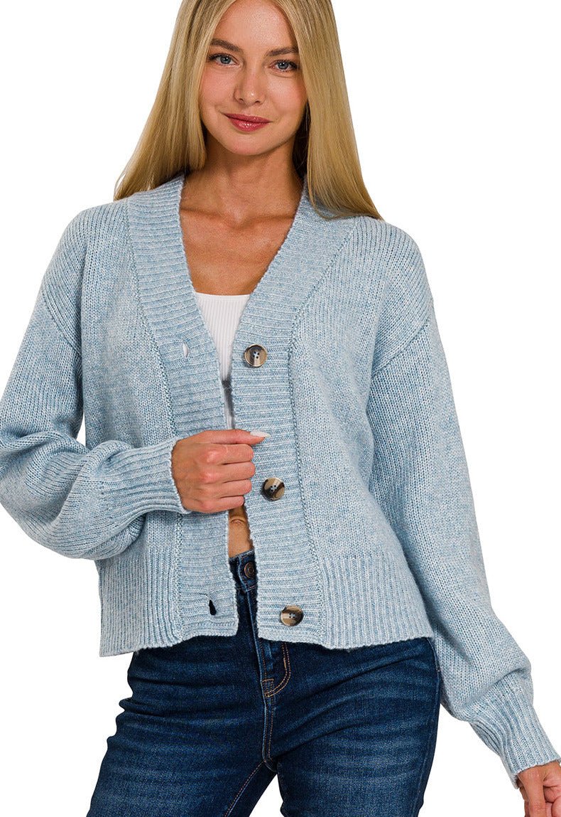 Cropped Button Cardigan Sweater - Blue Grey - Lavender Hills BeautyZenana