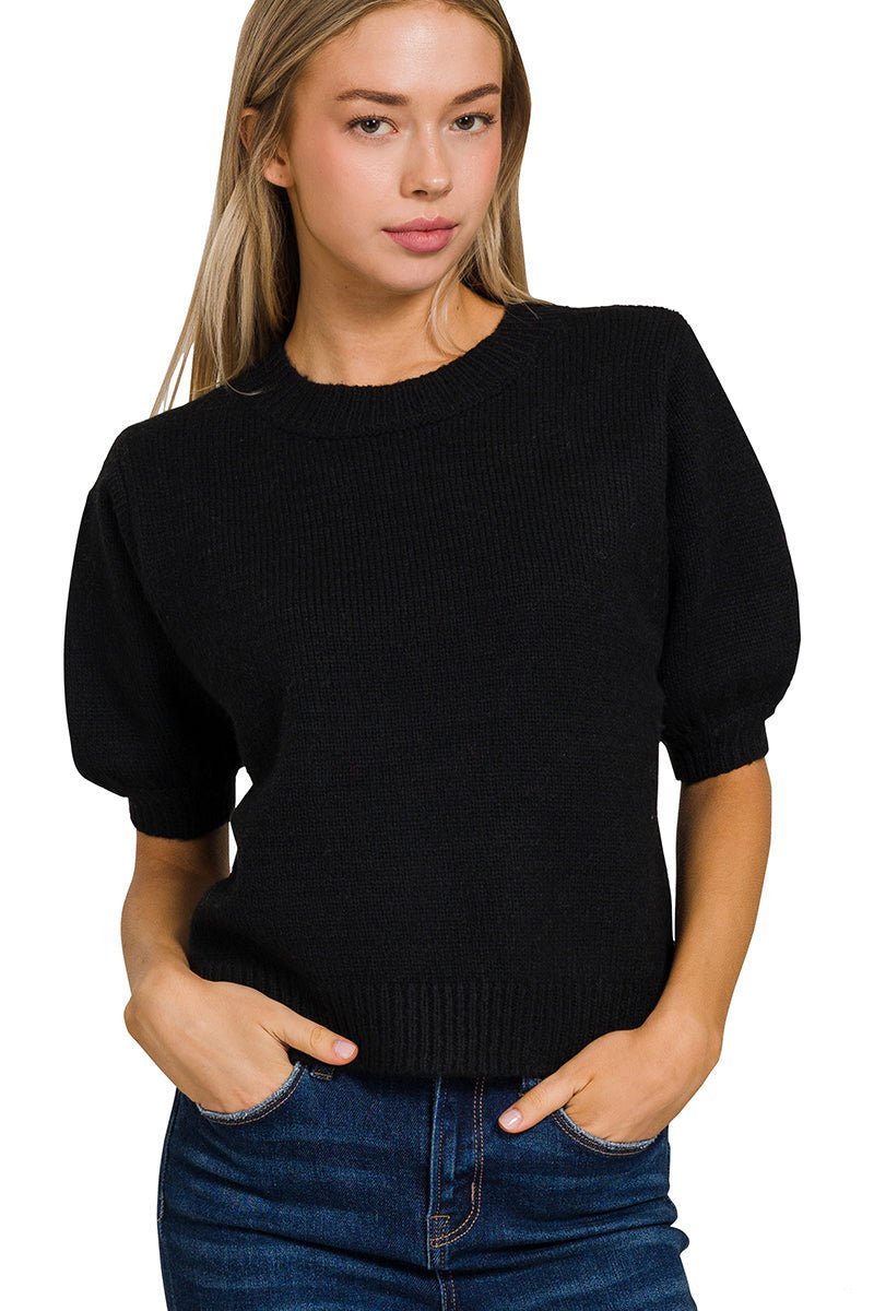 Knitted Puff Short Sleeve Sweater - Black - Lavender Hills BeautyZenana