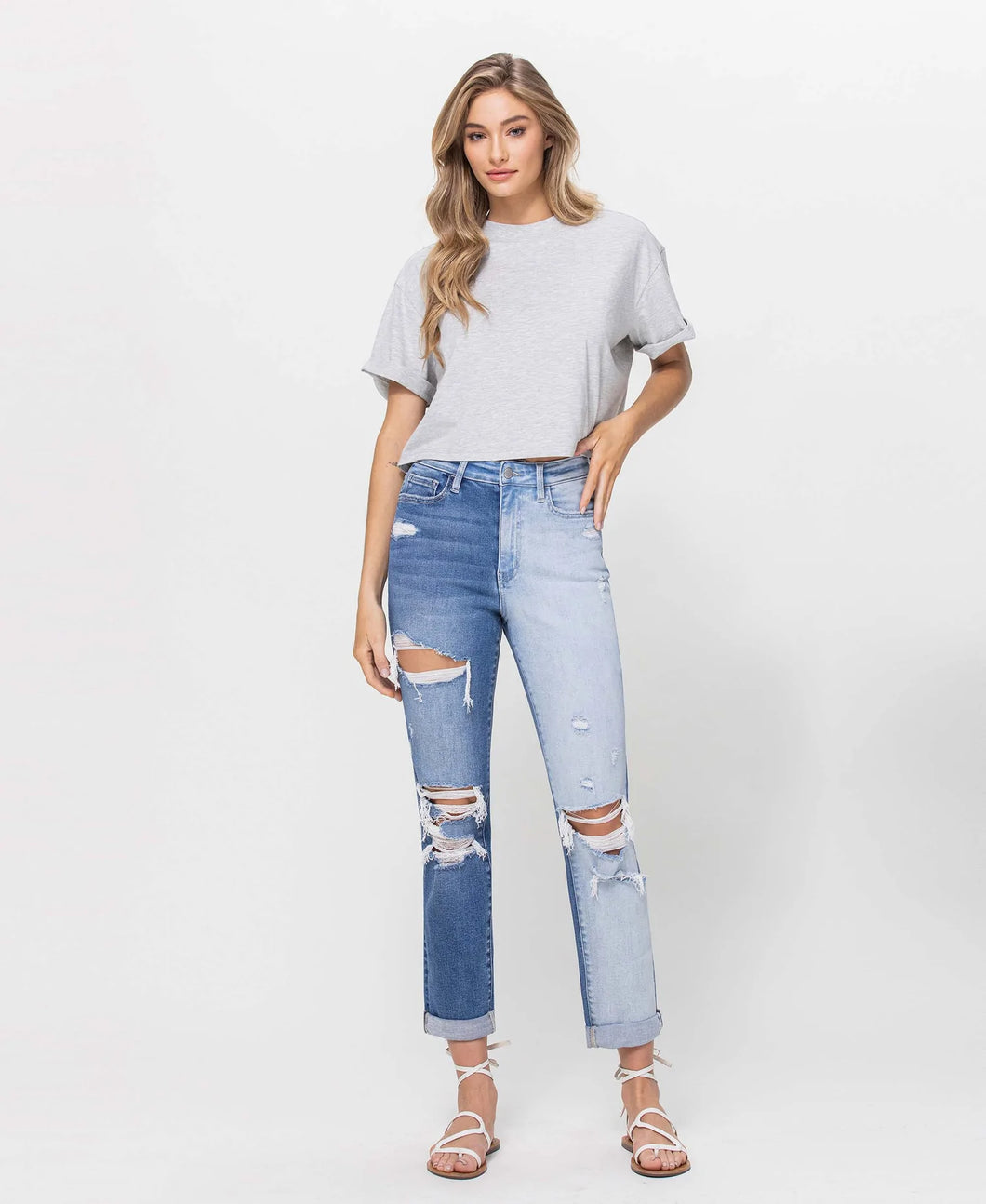 Take Note - Mom Jean with Rolled Cuff & Split Two Tone Leg | Flying Monkey | F4614