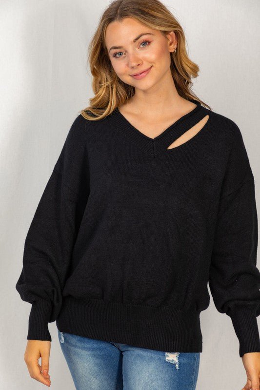 V-Neck Cutout Knit Sweater - Black - Lavender Hills BeautyWhite Birch